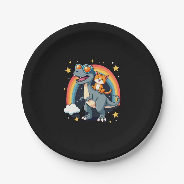 Cat Riding Dinosaur T-Rex Kitten Rainbow Dino Funn Paper Plate (Front)