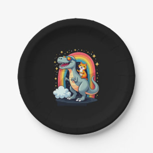 Cat Riding Dinosaur T-Rex Kitten Rainbow Dino Funn Paper Plate