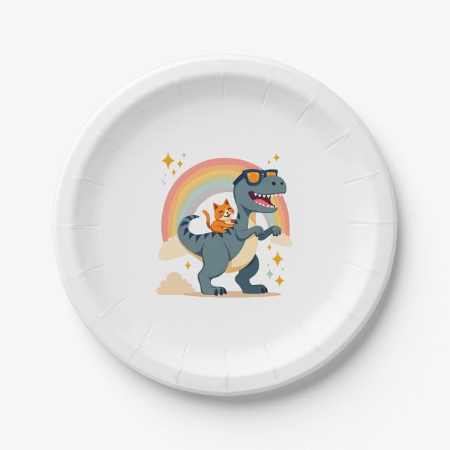 Cat Riding Dinosaur T-Rex Kitten Rainbow Dino Funn Paper Plate (Front)
