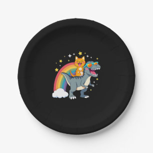 Cat Riding Dinosaur T-Rex Kitten Rainbow Dino Funn Paper Plate