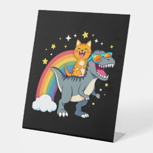 Cat Riding Dinosaur T-Rex Kitten Rainbow Dino Funn Pedestal Sign