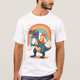 Cat Riding Dinosaur T-Rex Kitten Rainbow Dino Funn T-Shirt