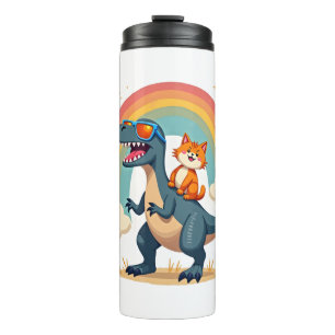 Cat Riding Dinosaur T-Rex Kitten Rainbow Dino Funn Thermal Tumbler