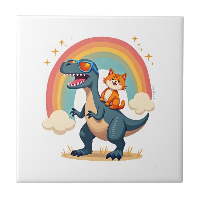 Cat Riding Dinosaur T-Rex Kitten Rainbow Dino Funn Tile (Front)