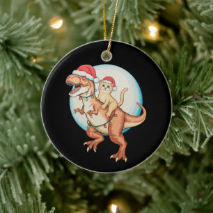 Cat Riding Dinosaur T Rex Moon Christmas Xmas Ceramic Ornament