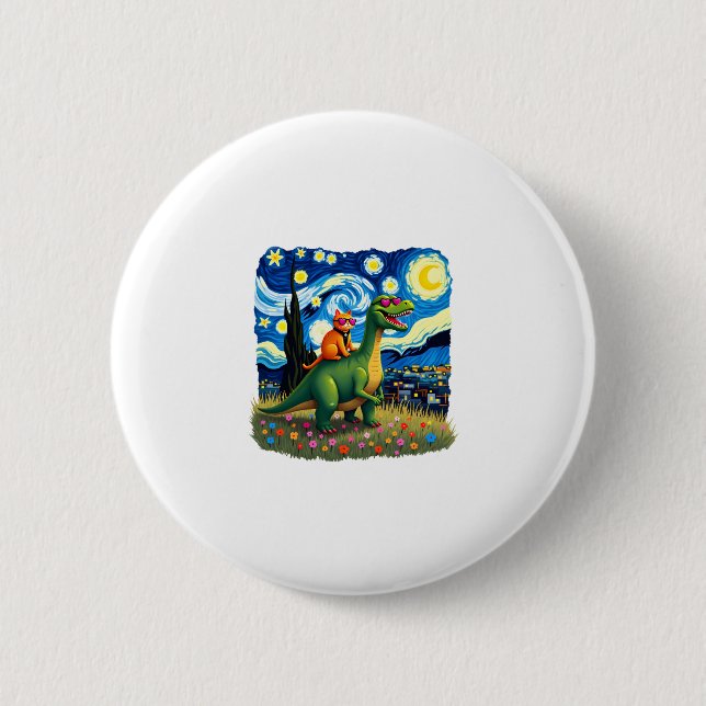 Cat Riding Dinosaur T-Rex Starry Night Cat Lover ( 2 Inch Round Button (Front)