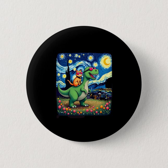 Cat Riding Dinosaur T-Rex Starry Night Cat Lover ( 2 Inch Round Button (Front)