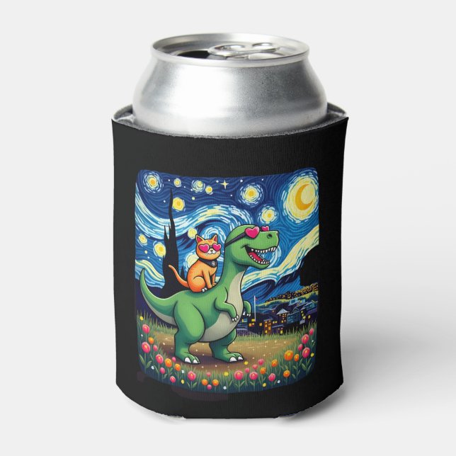 Cat Riding Dinosaur T-Rex Starry Night Cat Lover ( Can Cooler (Can Front)
