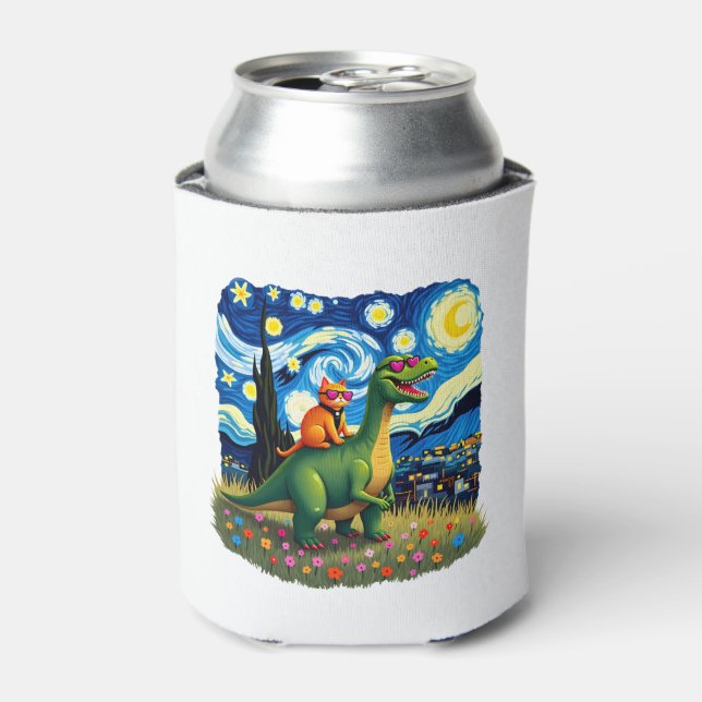 Cat Riding Dinosaur T-Rex Starry Night Cat Lover ( Can Cooler (Can Front)
