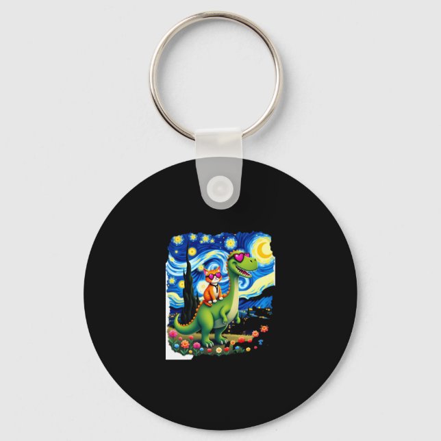 Cat Riding Dinosaur T-Rex Starry Night Cat Lover ( Keychain (Front)