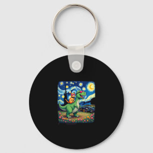 Cat Riding Dinosaur T-Rex Starry Night Cat Lover ( Keychain