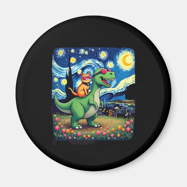 Cat Riding Dinosaur T-Rex Starry Night Cat Lover ( Magnet (Front)