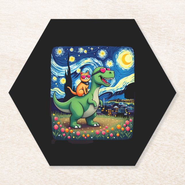 Cat Riding Dinosaur T-Rex Starry Night Cat Lover ( Paper Coaster (Front)