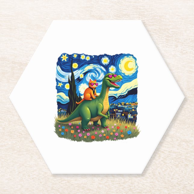 Cat Riding Dinosaur T-Rex Starry Night Cat Lover ( Paper Coaster (Front)
