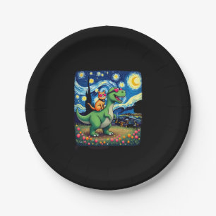 Cat Riding Dinosaur T-Rex Starry Night Cat Lover ( Paper Plate