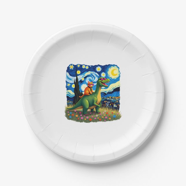 Cat Riding Dinosaur T-Rex Starry Night Cat Lover ( Paper Plate (Front)