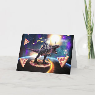 Cat riding dinosaur unicorn in space               card