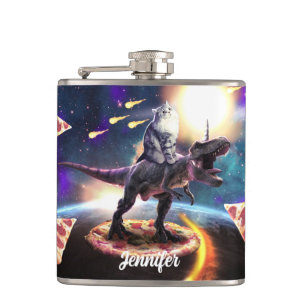 Cat riding dinosaur unicorn in space hip flask