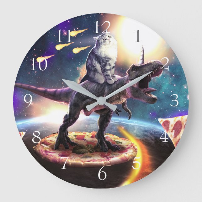 Cat riding dinosaur unicorn in space               large clock (Front)