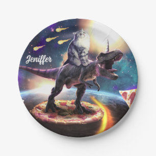 Cat riding dinosaur unicorn in space               paper plate