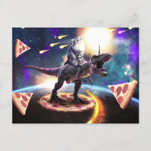 Cat riding dinosaur unicorn in space               postcard