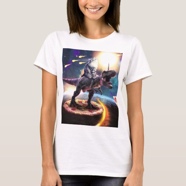 Cat riding dinosaur unicorn in space               T-Shirt (Front)