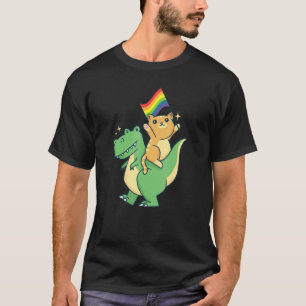 Cat Riding Dinosaur With Pride Flag Rainbow LGBTQ  T-Shirt