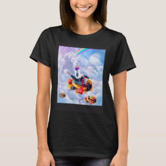 Cat Riding Dolphin On Clouds And Waffles T-Shirt