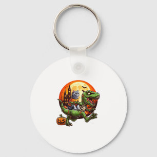 Cat Riding Horror T-rex As Zombie Halloween Kids T Keychain