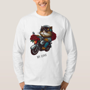 Cat riding motorcycle red roses flowers my love T-Shirt