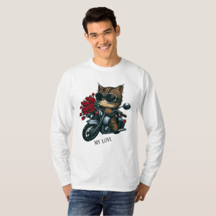 Cat riding motorcycle red roses flowers my love T-Shirt