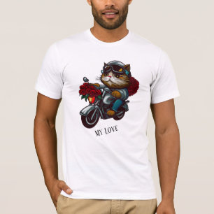 Cat riding motorcycle red roses flowers my love T-Shirt