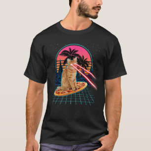 Cat Riding Pizza Laser Eyes 80s Cat In Space Cats T-Shirt