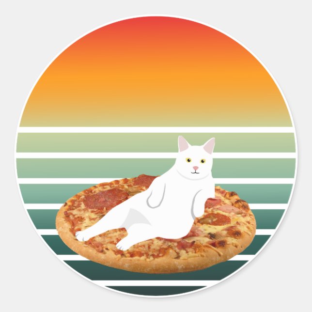Cat riding pizza retro classic round sticker (Front)