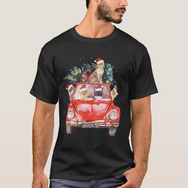Cat Riding Red Truck Christmas Tree Cat Santa Hat  T-Shirt (Front)