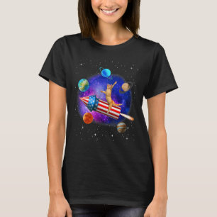 Cat Riding Rocket Firework Meowica In Galaxy 4th o T-Shirt