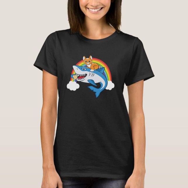 Cat Riding Shark Eating Potato With Rainbow For Ca T-Shirt (Front)