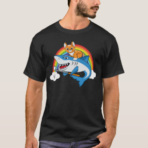 Cat Riding Shark Playing Golf With Rainbow Graphic T-Shirt