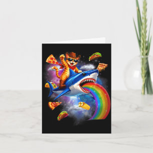 Cat riding shark rainbow pizza taco galaxy retro  card