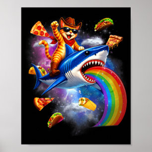 Cat riding shark rainbow pizza taco galaxy retro poster