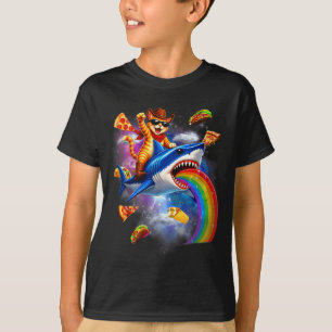 Cat riding shark rainbow pizza taco galaxy retro T-Shirt