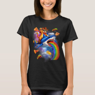 Cat riding shark rainbow pizza taco galaxy retro T-Shirt