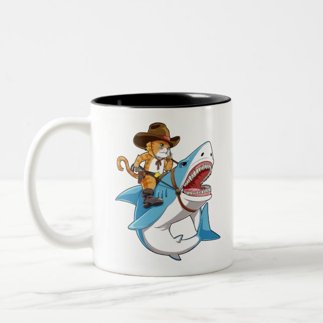 Cat Riding Shark Two-Tone Coffee Mug (Left)