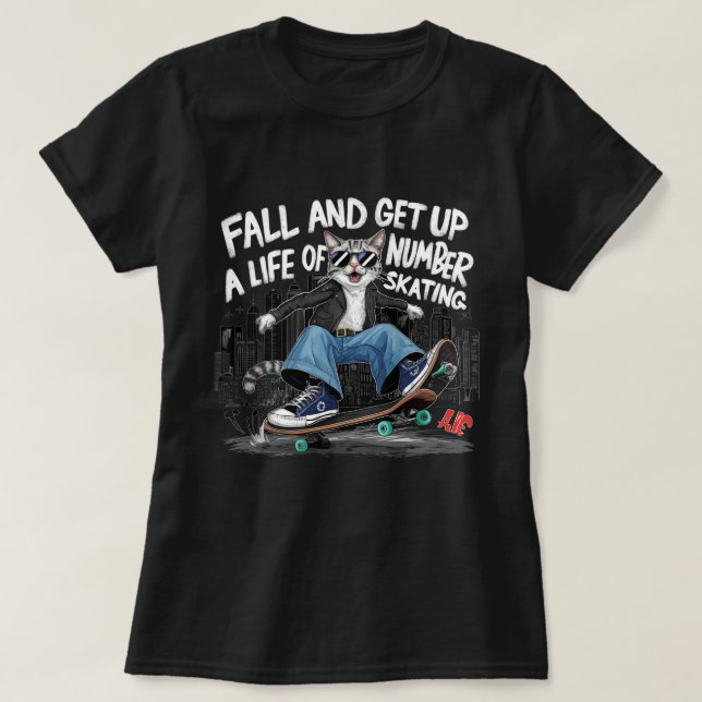 Cat riding skateboard graphic tee Funny kitty cat  (Design Front)