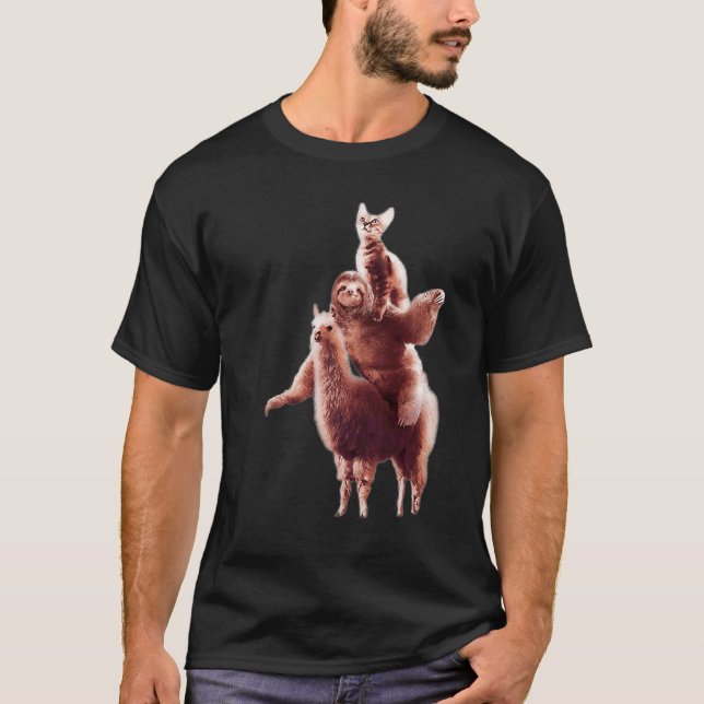 Cat Riding Sloth Llama Nap Sloth Lazy T-Shirt (Front)