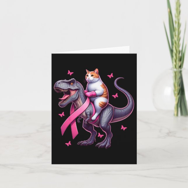 Cat Riding T Rex Dinosaur. Breast Cancer Awareness Card (Front)