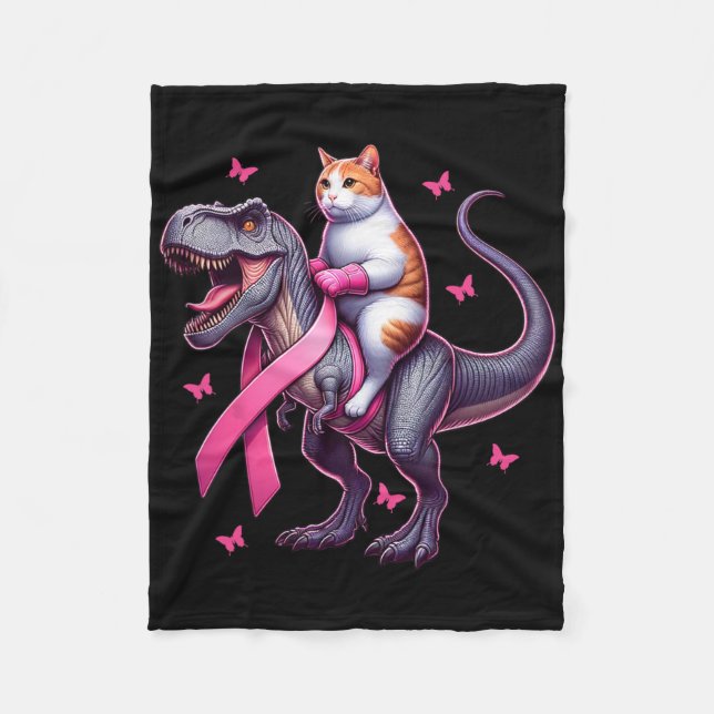 Cat Riding T Rex Dinosaur. Breast Cancer Awareness Fleece Blanket (Front)