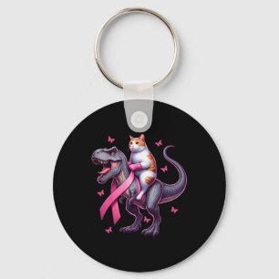 Cat Riding T Rex Dinosaur. Breast Cancer Awareness Keychain