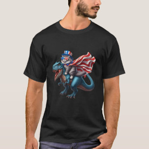 Cat riding T rex Dinosaur usa flag Patriotic 4th o T-Shirt