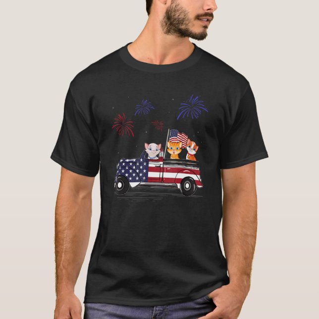 Cat Riding Truck American Flag Fireworks  4th Of J T-Shirt (Front)